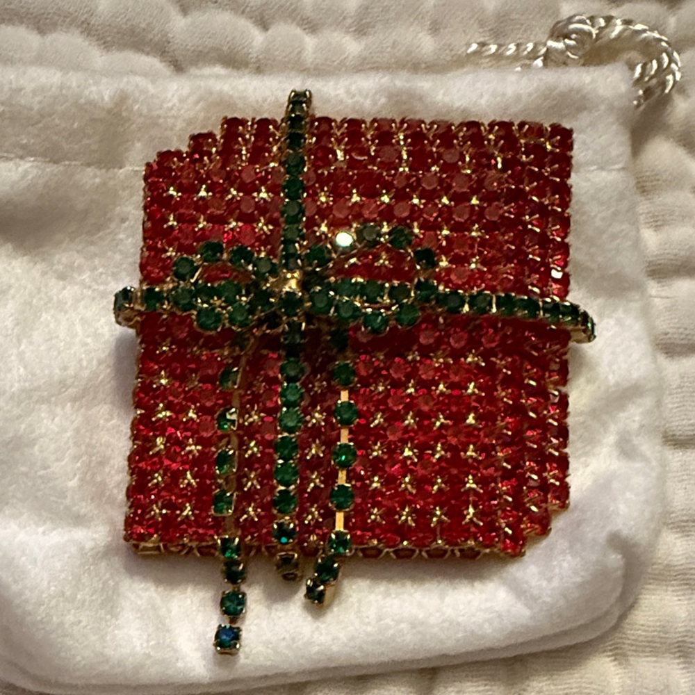 Red and Green Rhinestone Gift Box Brooch